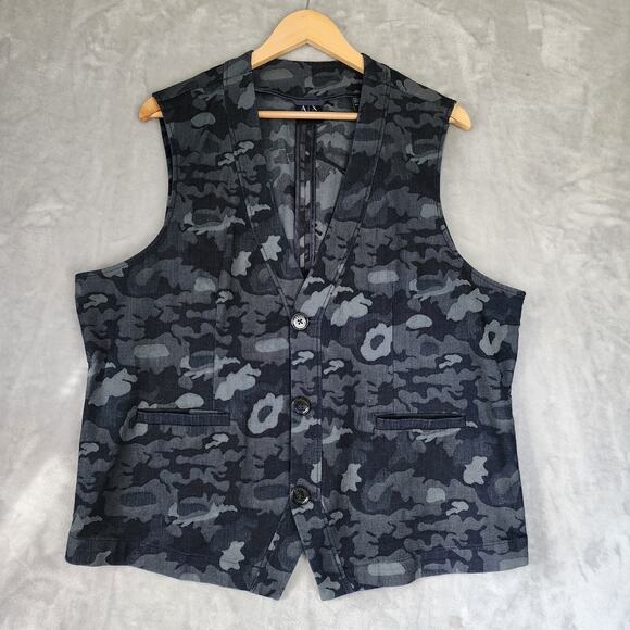 Armani Exchange Denim Vest Mens 2XL Blue Camo Button Front Stretch XXL - Picture 1 of 9